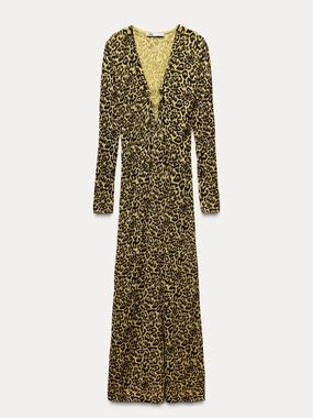 Zara Yellow and Black Leopard-Print Knit dress Maxi Dress. NWT